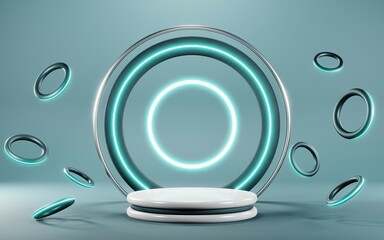 3D render of Podium background in blue tones for displaying cream products. cosmetics