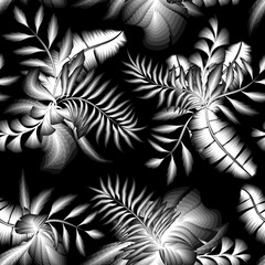 Exotic botanical plants illustration pattern with abstract tropical leaves on dark background. fashionable prints texture. tropical background. nature seamless decorative. jungle plants illustration