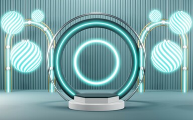 Fototapeta premium 3D render of Podium background in blue tones for displaying cream products. cosmetics