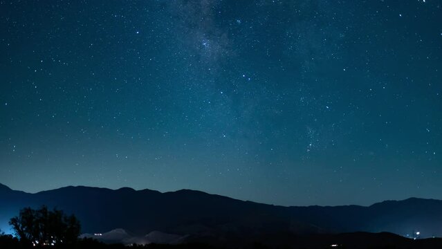 Astrophotography Milky Way Galaxy 50mm South Sky Tilt Up Over Sierra Nevada Mts California USA Time Lapse Blue