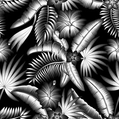 night jungle illustration seamless pattern with tropical plants leaves and flowers plants foliage on dark background. Floral background. Exotic wallpaper. fashionable prints texture. vintage design