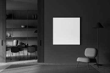 Front view on dark dining room interior with empty poster