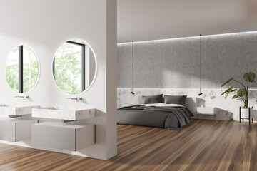 Stylish bedroom studio interior with bed and double sink, panoramic window