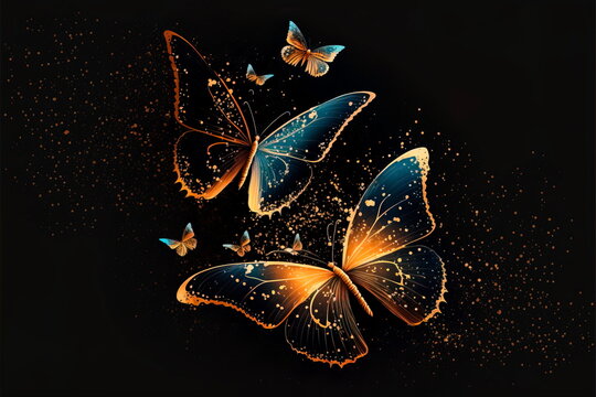 shiny decorative golden butterflies on a black background