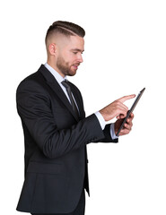 Businessman with tablet in hands, isolated over white background