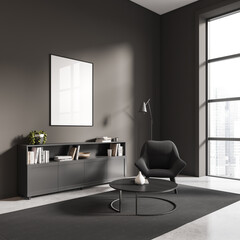 Corner view on dark living room interior with empty poster