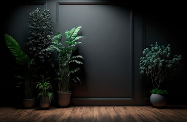 Fototapeta premium Minimal style interior with big dark . Dark wall empty room with plants on a floor