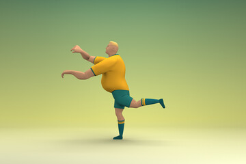 An athlete wearing a yellow shirt and green pants. He is doing exercise. 3d rendering of cartoon character in acting.