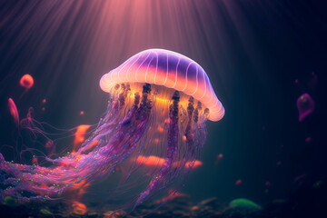 Beautiful color of jellyfish in underwater . Jellyfish dansing in the dark blue ocean water.