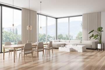 Light living room interior with eating table and couch, panoramic window