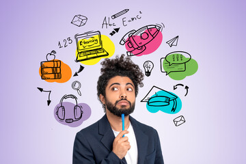 Arab businessman with look up, education doodle sketch on purple background
