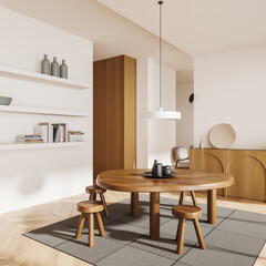 Corner view on bright dining room interior with dining table