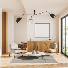 Light living room interior with relaxing area and panoramic window. Mockup frame