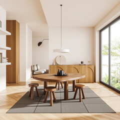 Light living room interior with dining table and drawer, panoramic window