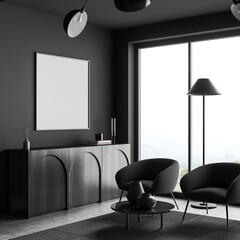 Grey living room interior with armchairs and panoramic window, mockup frame