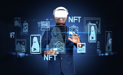 African American businessman wearing vr headset touches digital