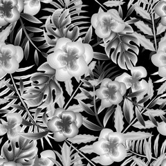 flowers seamless background with gray tropical leaves and plants foliage on dark background. vintage jungle plants illustration with monochromatic stylish color. Exotic tropics. Summer design
