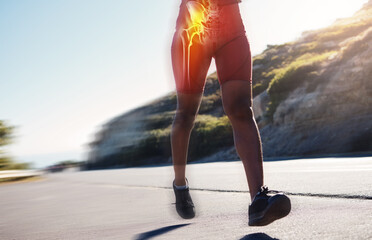 Motion blur, running and woman with bone anatomy on hips, legs and body of exercise, marathon...