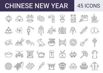 Set of 45 Chinese New Year line  icons. outline editable stroke icons collection. traditional chinese holiday topic. Vector illustration