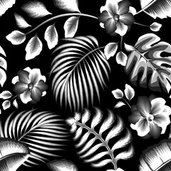 abstract Background with monochromatic tropical leaves and flowers plants foliage in dark. Vector design. Flat jungle print. Floral background. Exotic tropics wallpaper. Summer design. prints textile