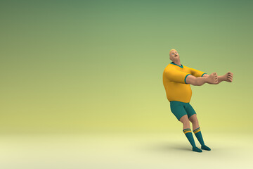 Fototapeta na wymiar An athlete wearing a yellow shirt and green pants. He is pulling or pushing something. 3d rendering of cartoon character in acting.