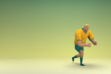 An athlete wearing a yellow shirt and green pants. He is pulling or pushing something. 3d rendering of cartoon character in acting.
