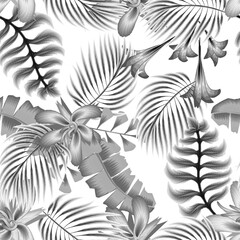 Floral seamless tropical pattern with gray monochromatic banana palm leaves and plants foliage on white background. Jungle leaf seamless vector. floral background. exotic wallpaper. Summer design