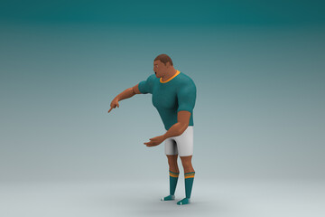 Fototapeta na wymiar An athlete wearing a green shirt and white pants is expression of hand when talking. 3d rendering of cartoon character in acting.