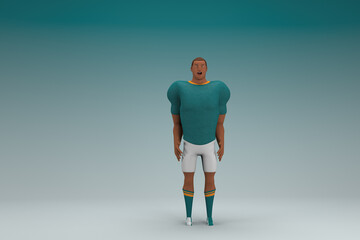 An athlete wearing a green shirt and white pants  is expression of hand when talking. 3d rendering of cartoon character in acting.