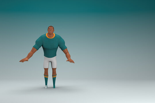An athlete wearing a green shirt and white pants  is expression of hand when talking. 3d rendering of cartoon character in acting.