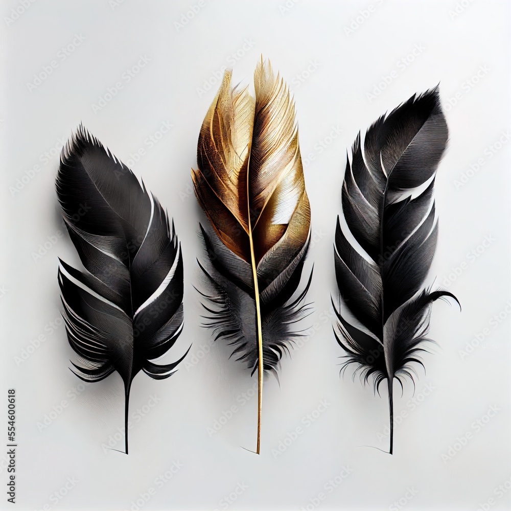 Poster three feathers are shown on a white surface with a gold tip and a black tip. generative ai