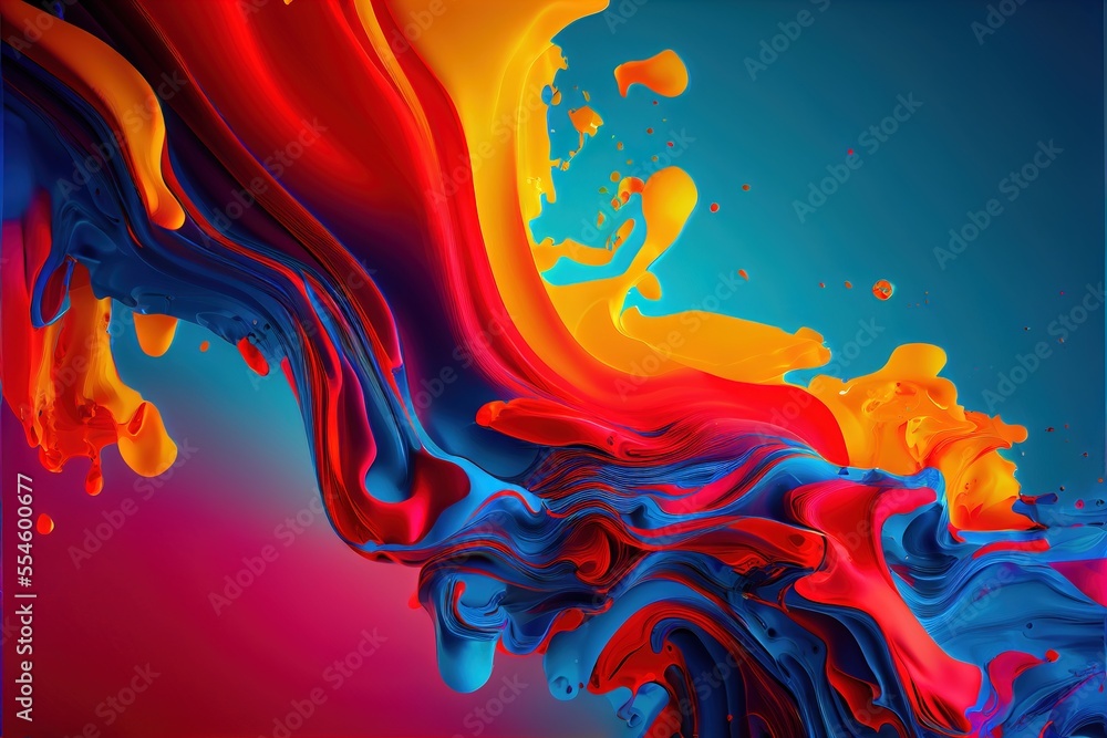 Poster a colorful liquid painting on a blue background with a red and yellow swirl on the bottom of the ima