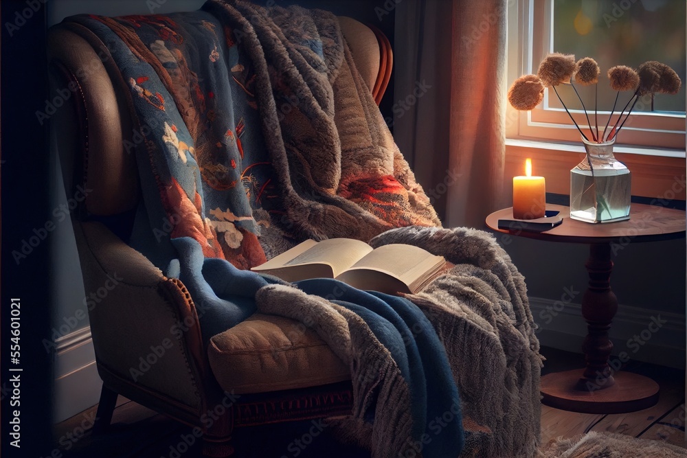 Poster a chair with a blanket and a book on it next to a window with a candle and a vase with flowers. gene