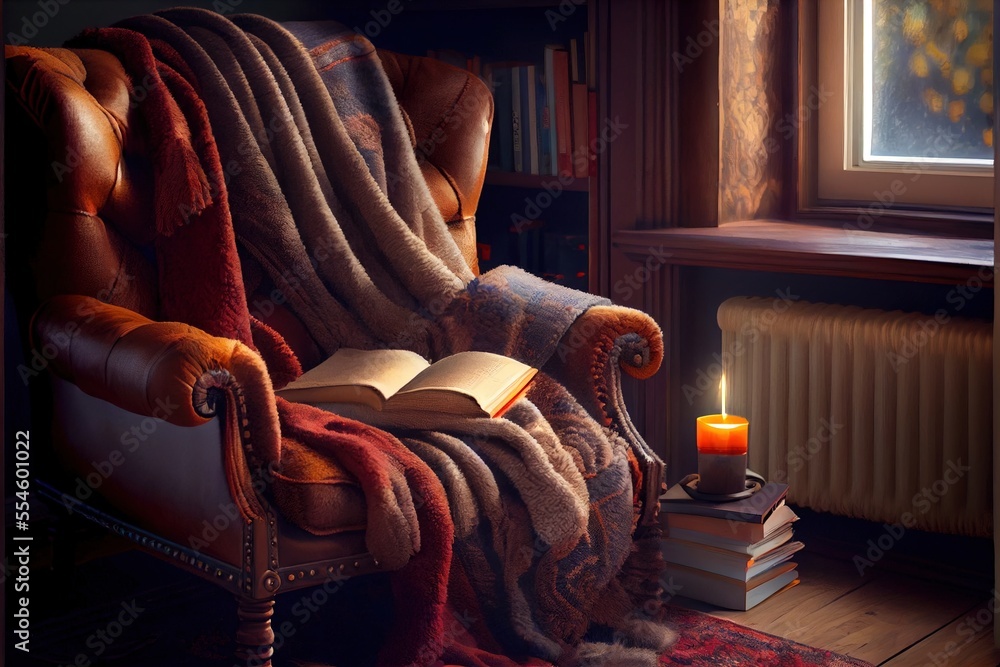 Poster a chair with a blanket and a book on it next to a window with a candle in it and a book on the floor