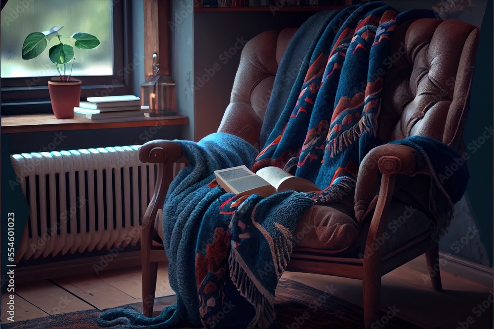 Poster a chair with a blanket on it and a book on it in front of a window with a plant. generative ai