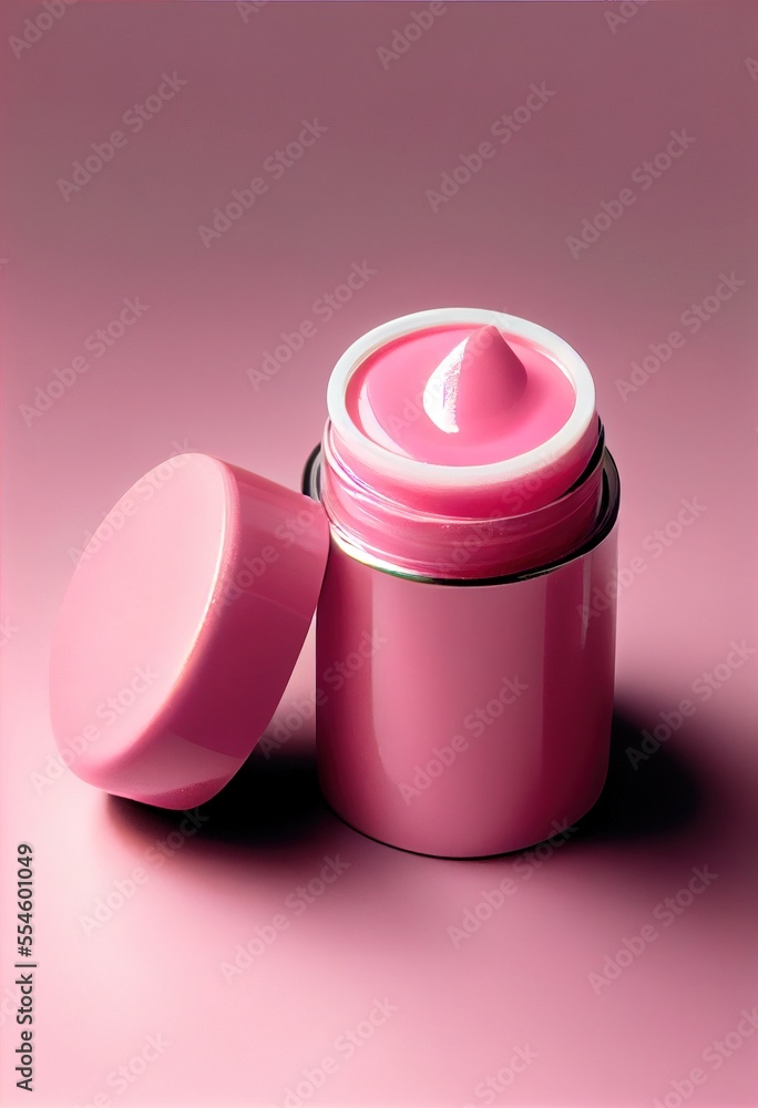 Poster a pink container with a lid on a pink background with a white lid and a white cap on the top. genera