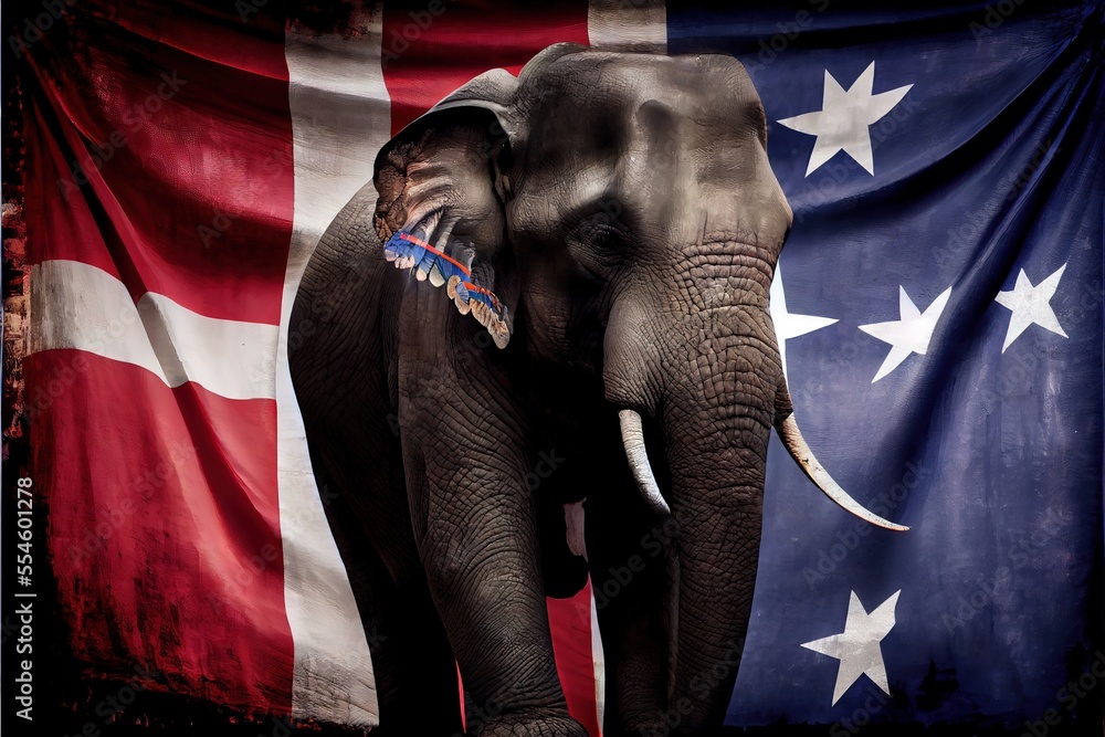 Poster an elephant with a patriotic flag behind it's back and a flag behind it's back that is red. generati