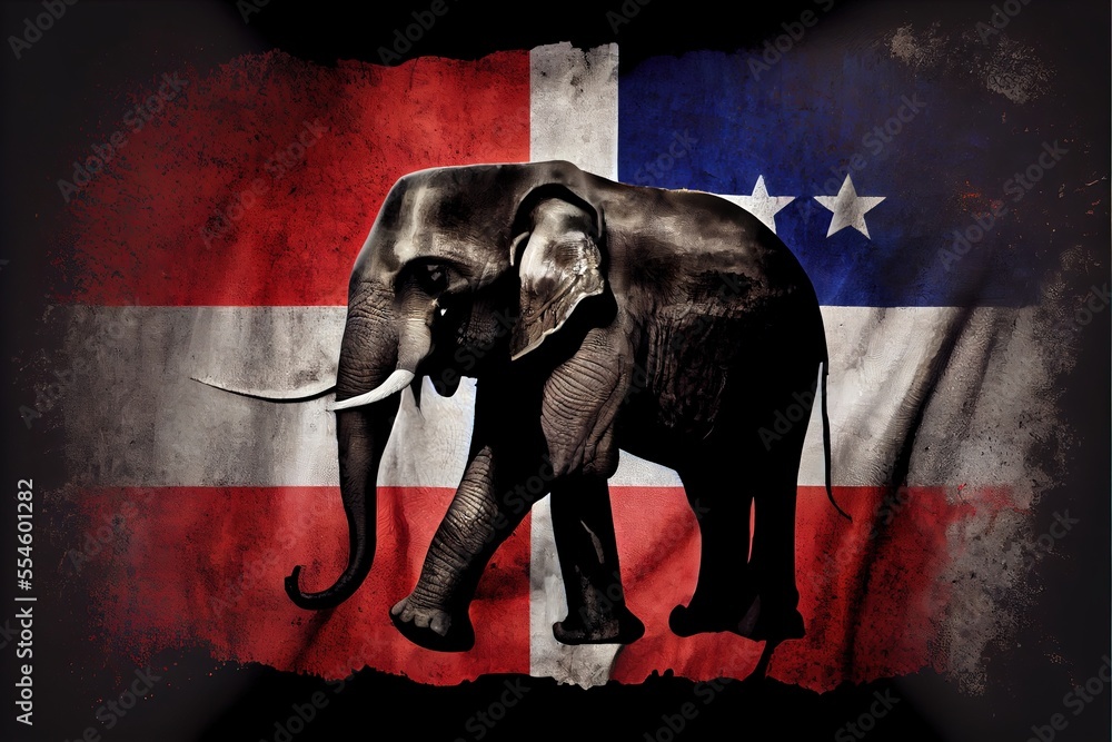 Poster an elephant with a flag in the background of it's image. generative ai