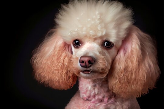  a poodle with a pink poodle haircut on it's head and a black background with a black background. Generative AI