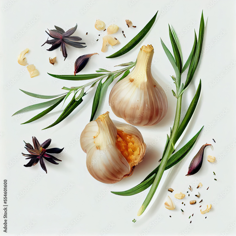 Poster a group of garlics with some herbs around them on a white surface with a green stem and two of them 