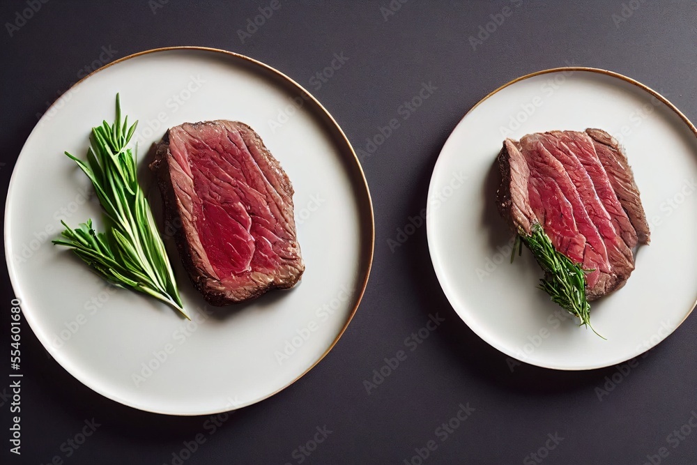 Poster two plates with steak and green beans on them on a table top with a black background and a black tab