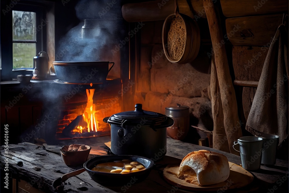 Poster a table with a pot of food and a pot of bread on it next to a fire place with a pot of bread on it. 
