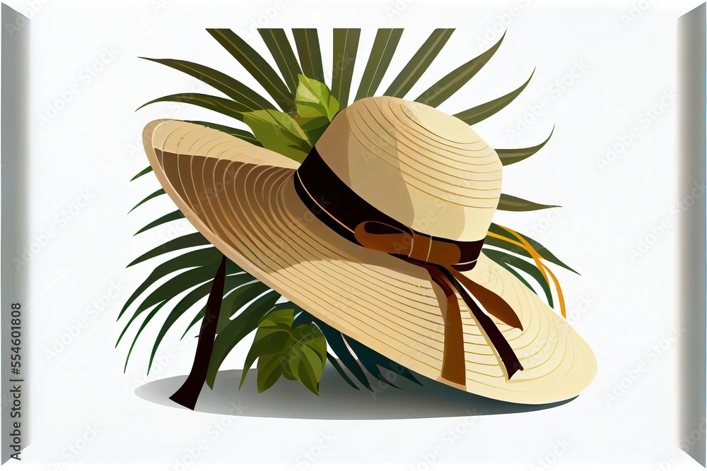 Poster a hat with a ribbon around it sitting on a palm tree branch with a ribbon around it's brim. generati