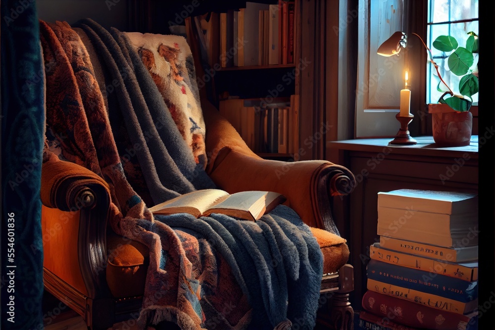 Poster a chair with a blanket on it next to a window with a lamp and books on it in front of a window. gene