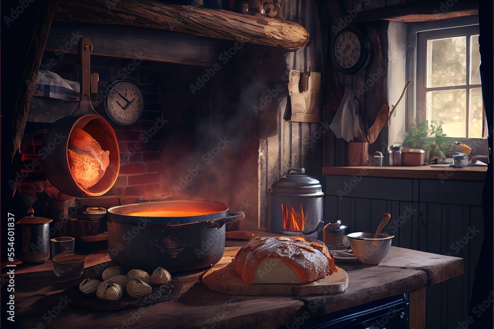 Poster a kitchen with a pot of soup and a bread on a table with a clock in the background and a pot of soup