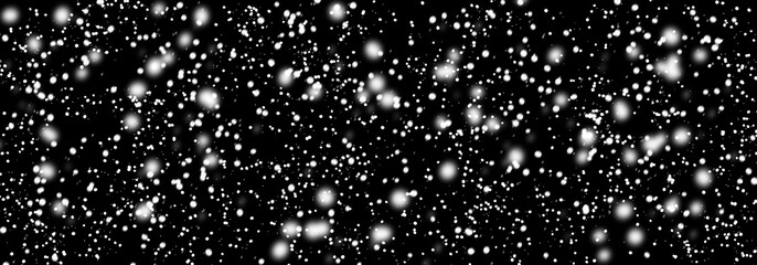 Snowfall In Dark Sky. Falling White Snow Winter On Black Sky Background