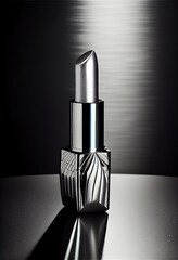  a silver lipstick bottle sitting on a table with a black background and a white light shining on it's side. Generative AI