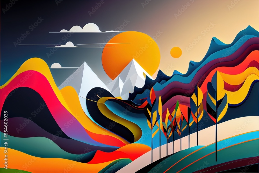 Poster a painting of a mountain landscape with trees and mountains in the background and a sun setting in t