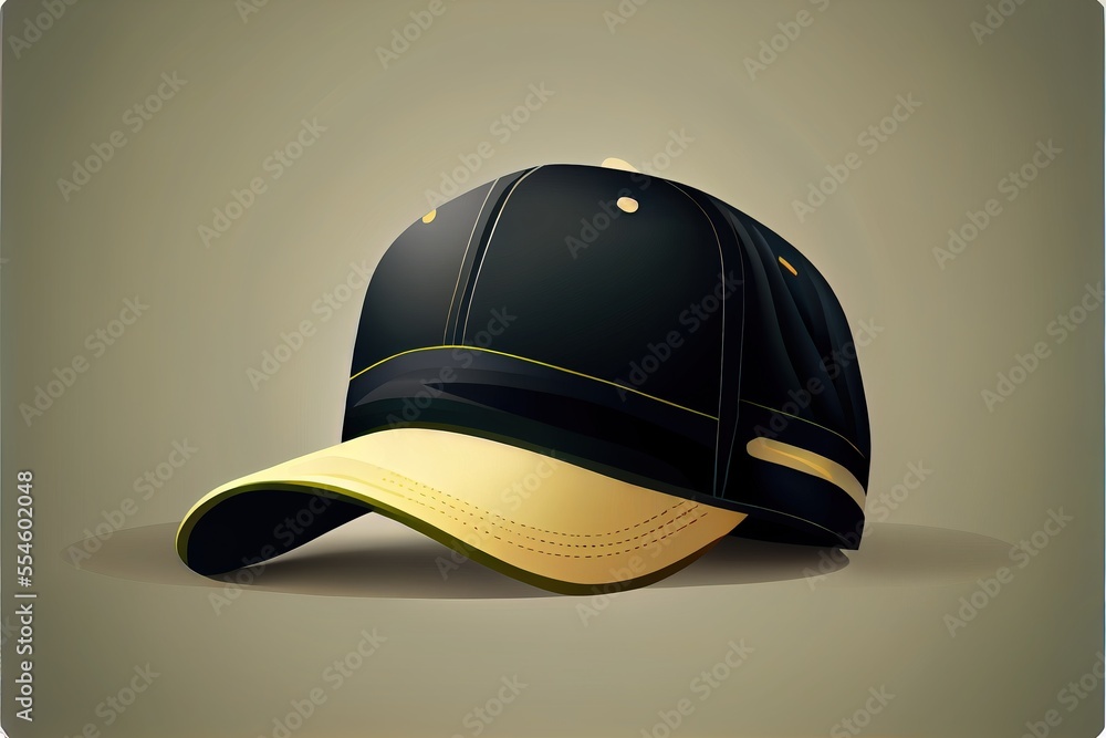 Poster a baseball cap with a yellow visor on a gray background with a shadow of the cap on the ground. gene