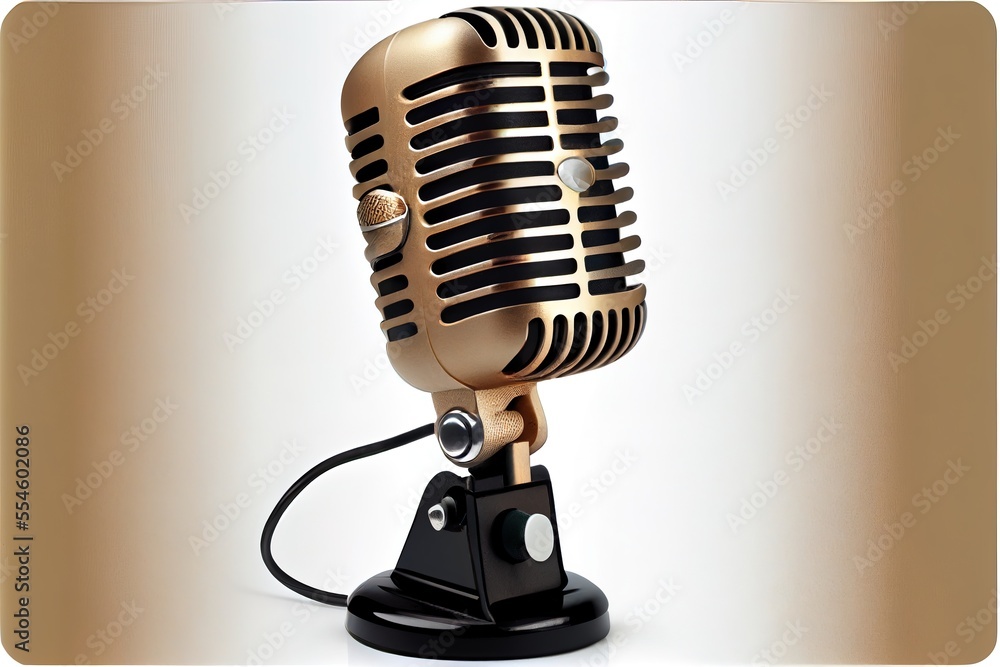 Poster a gold microphone with a black stand on it's side and a white background behind it. generative ai